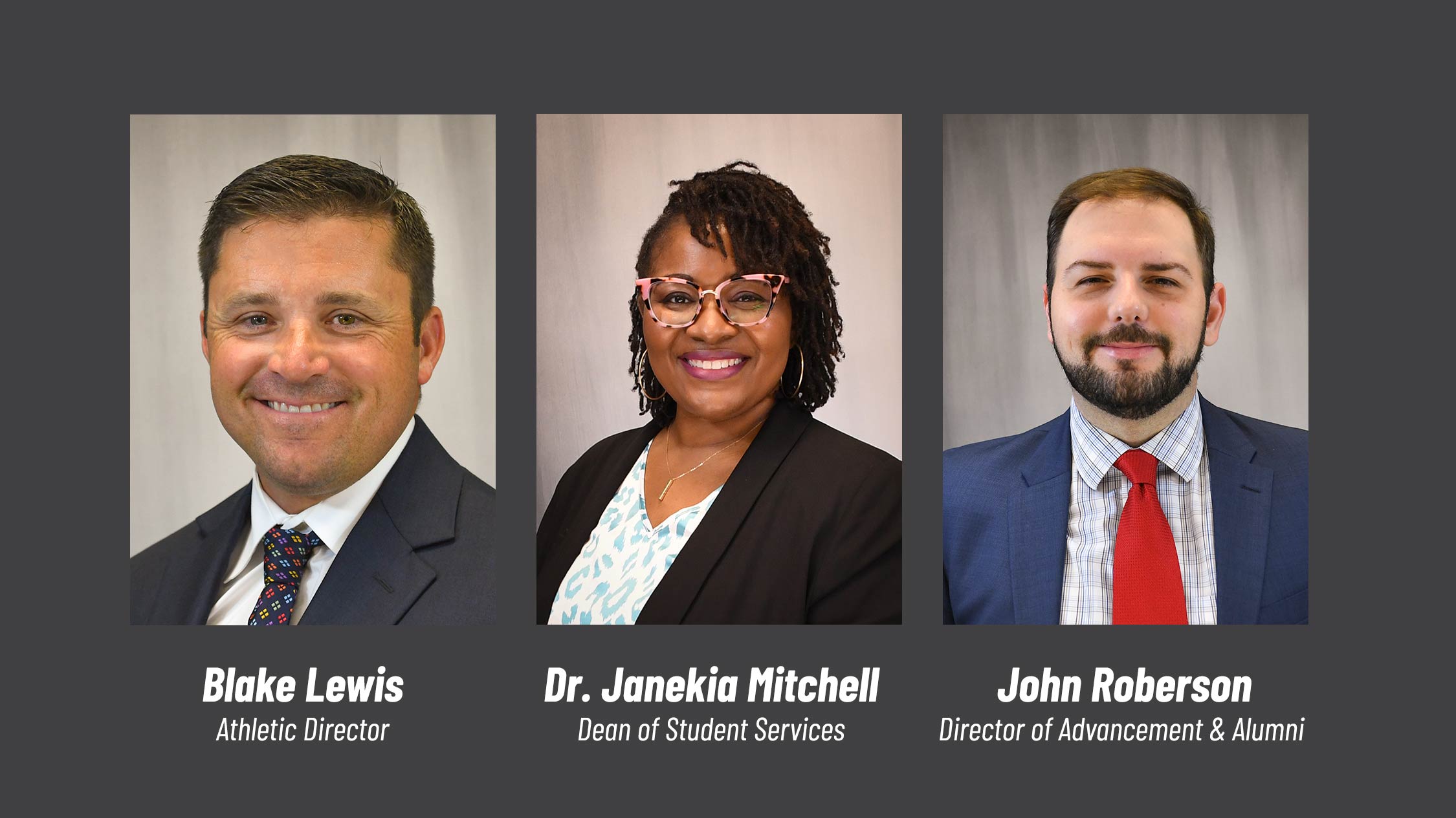 Headshots of Blake Lewis, Dr. Janekia Mitchell and John Roberson