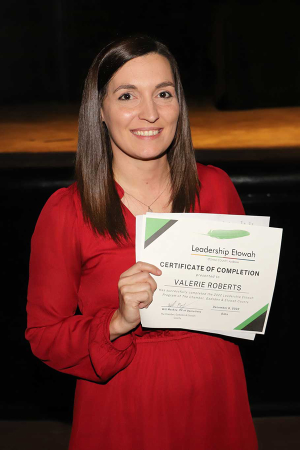 Roberts with her Leadership Etowah completion certificate